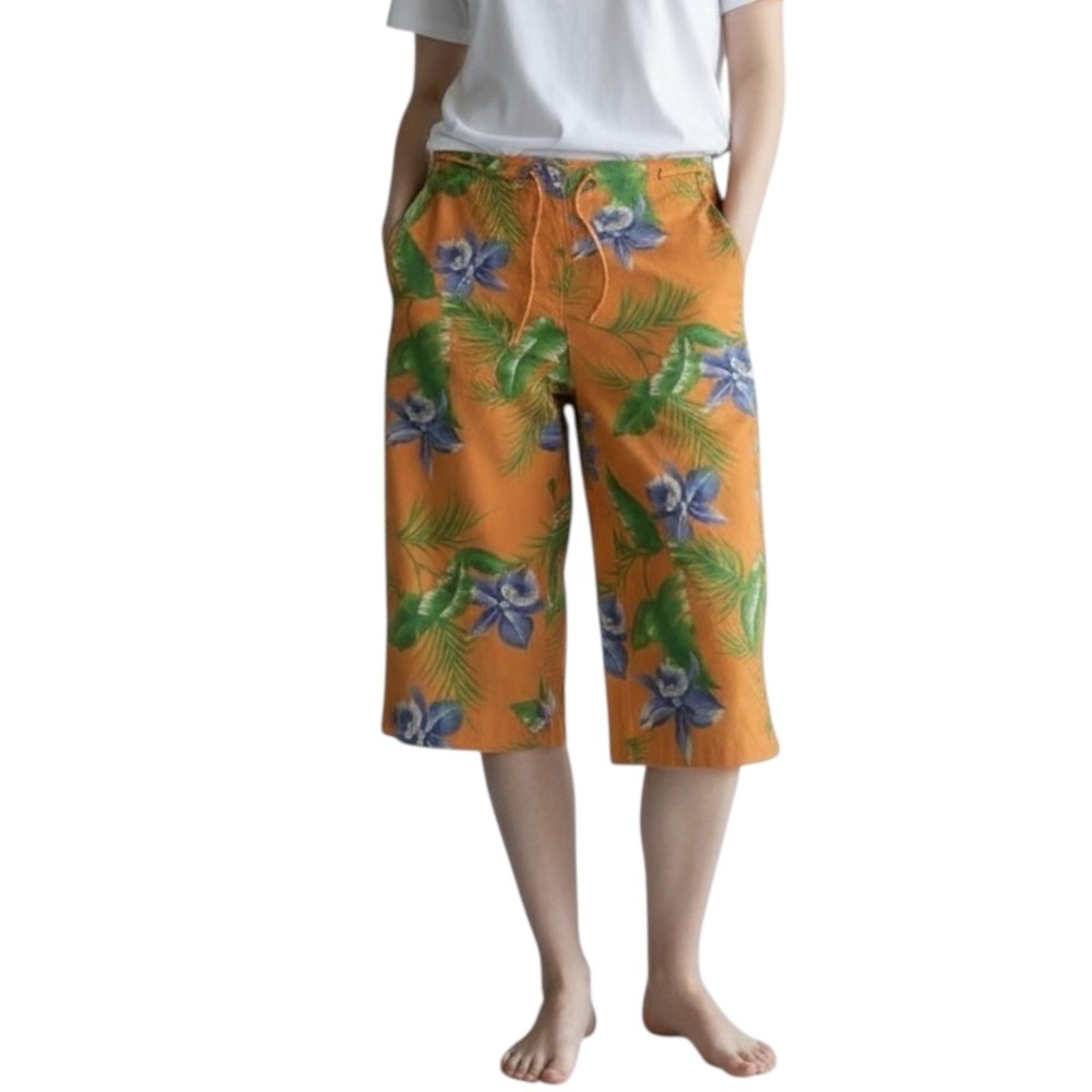 RALPH LAUREN Tropical Print Cropped Pants in Pale Peach / Orange Size 8 PETITE